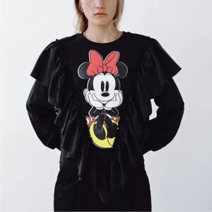 NWT Zara Womens Black Minnie Mouse Ruffle Disney sweatshirt size M Medium